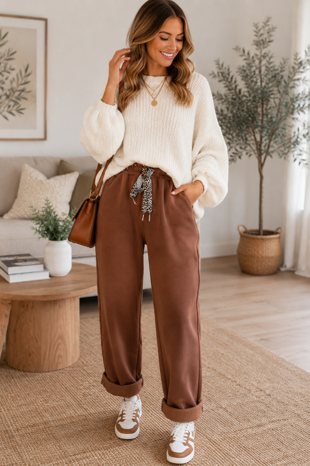 Leopard Tie Fleece-Lined Wide Leg Pants