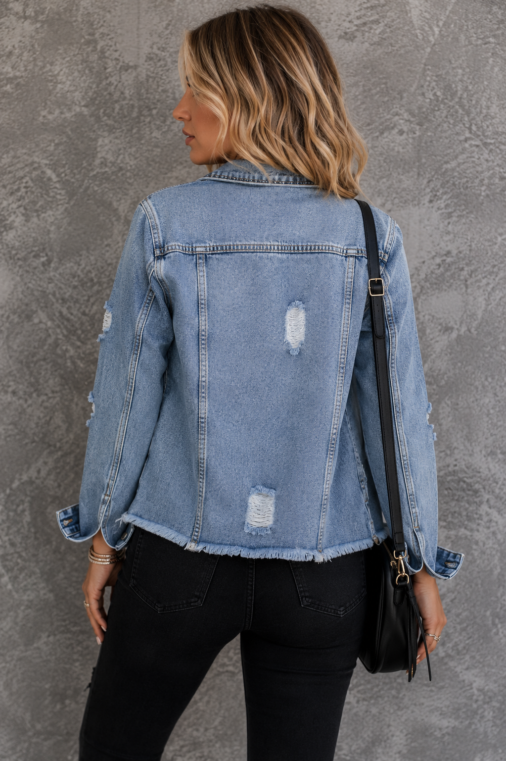 Washed Blue Raw Hem Denim Jacket