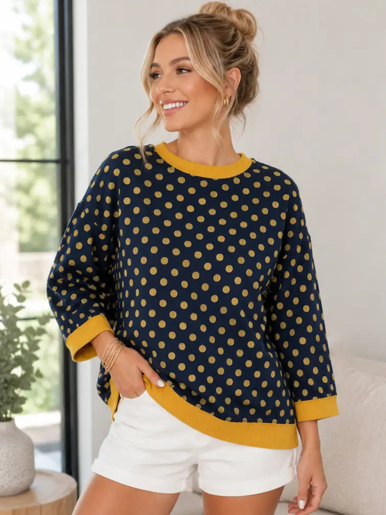 Polka Dot Contrast Trim Oversized Pullover