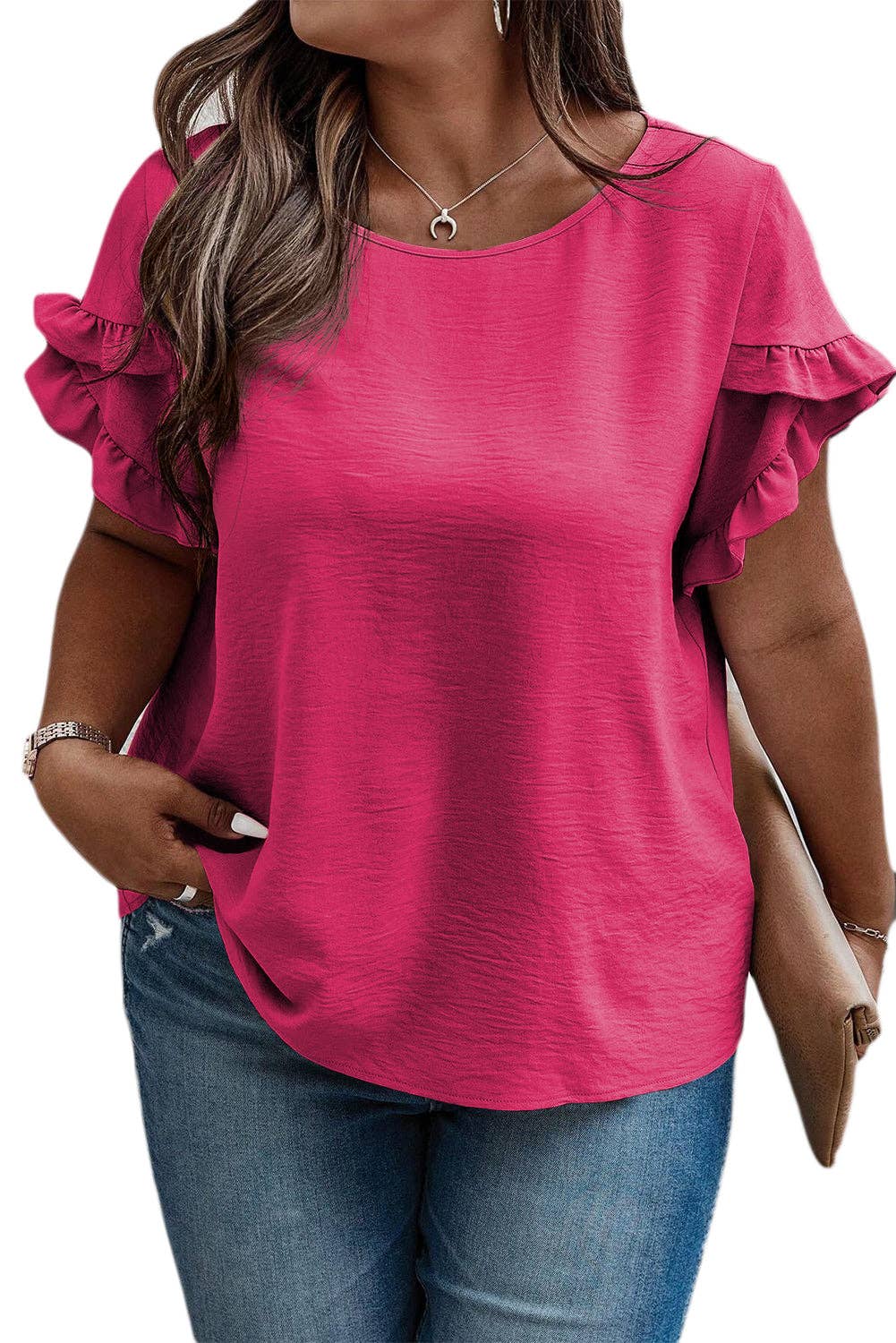 Bright Pink Ruffle Sleeve Top (Curvy)
