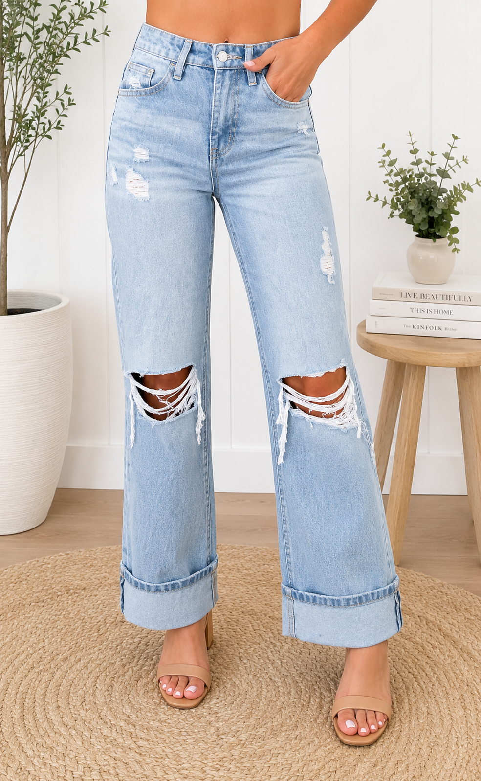 Beau Blue Light Wash Distressed WideLeg Denim
