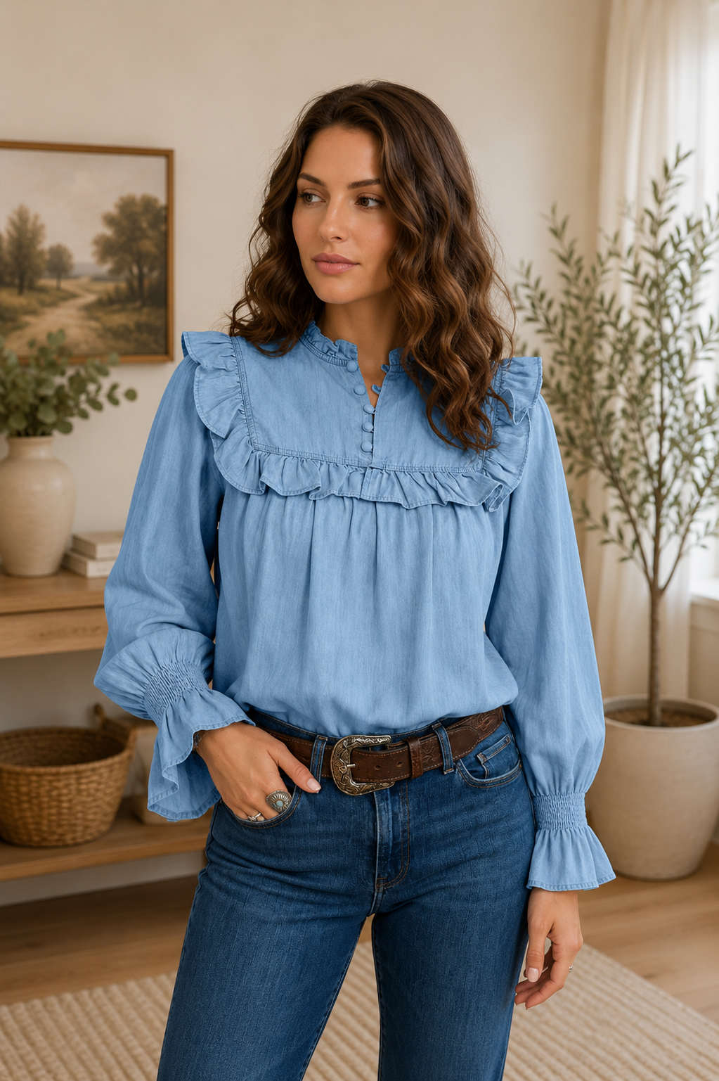 Beau Blue Vintage Charm Ruffle Chambray Blouse