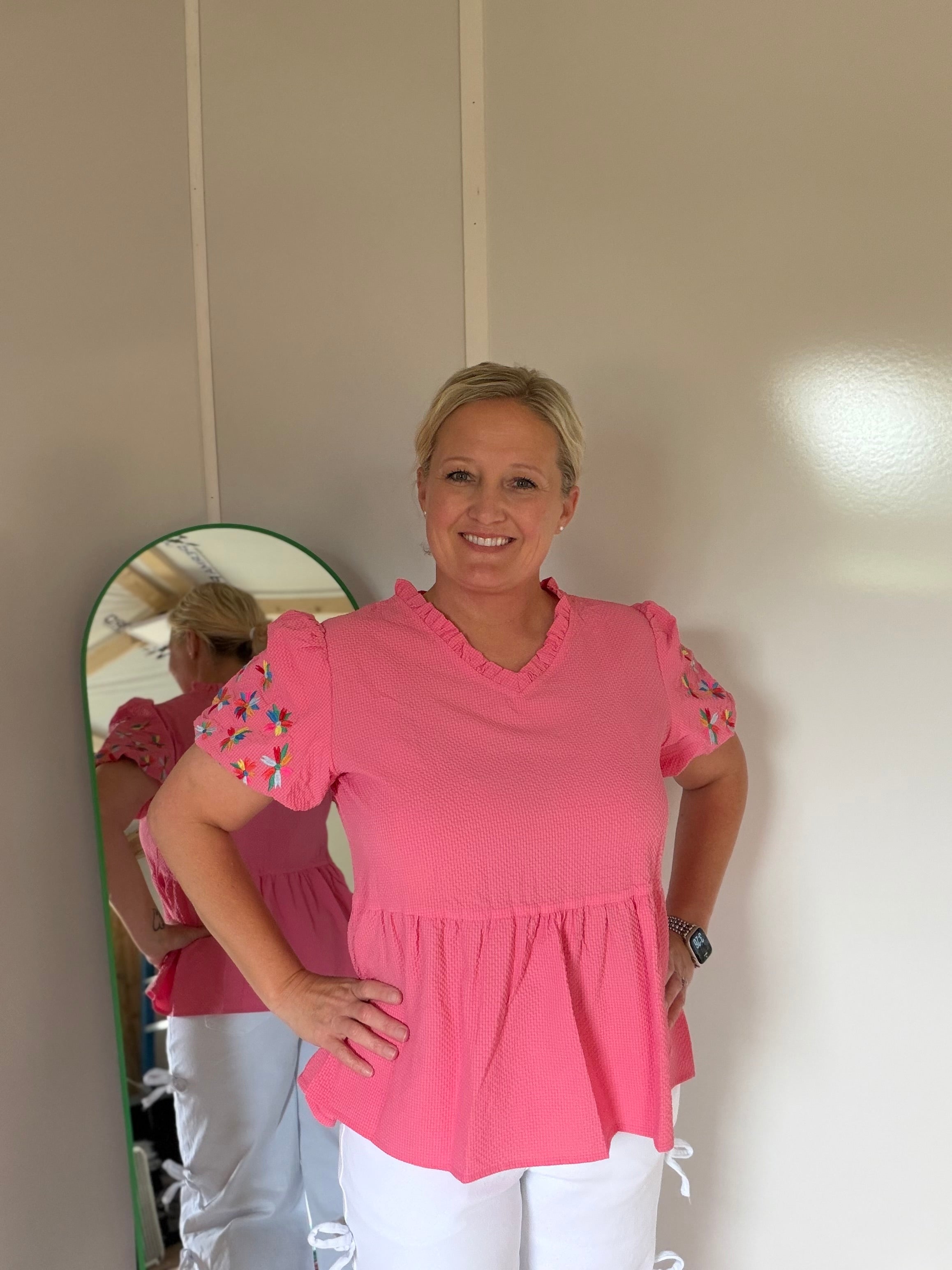 Pink Embroidered Puff Sleeve Top