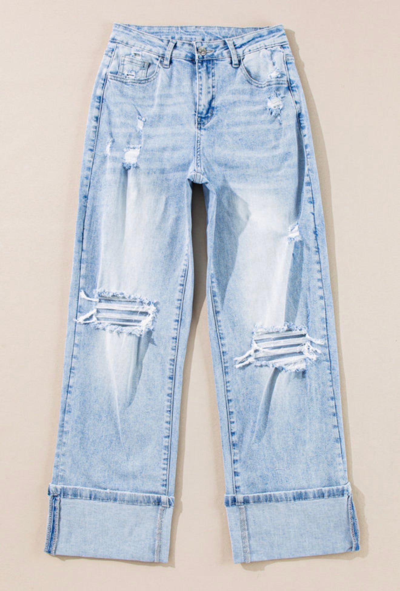 Beau Blue Light Wash Distressed WideLeg Denim
