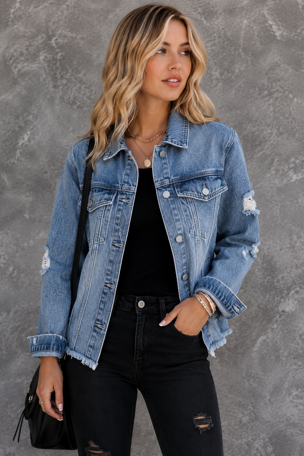 Washed Blue Raw Hem Denim Jacket