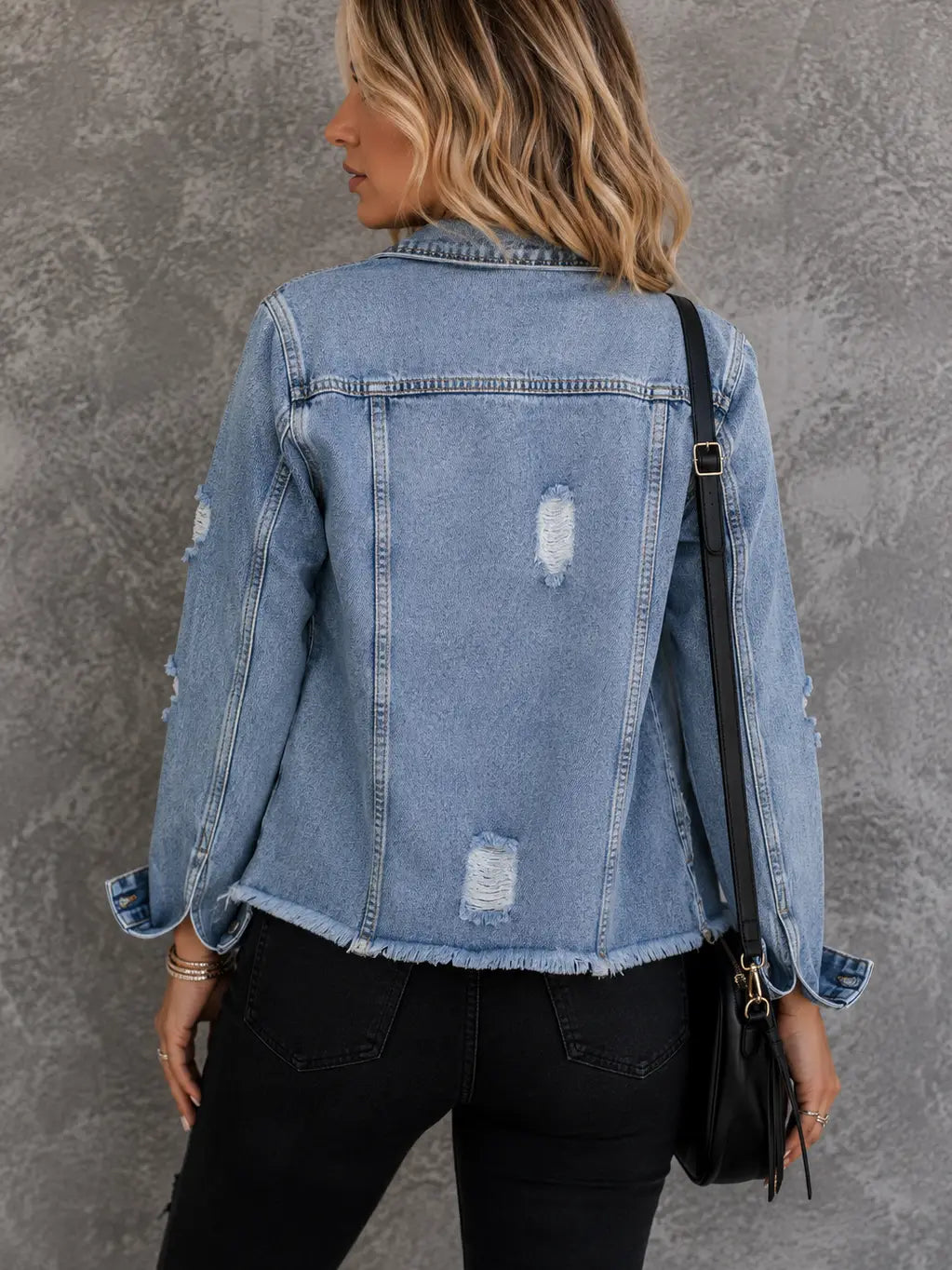     Washed Blue Raw Hem Denim Jacket
