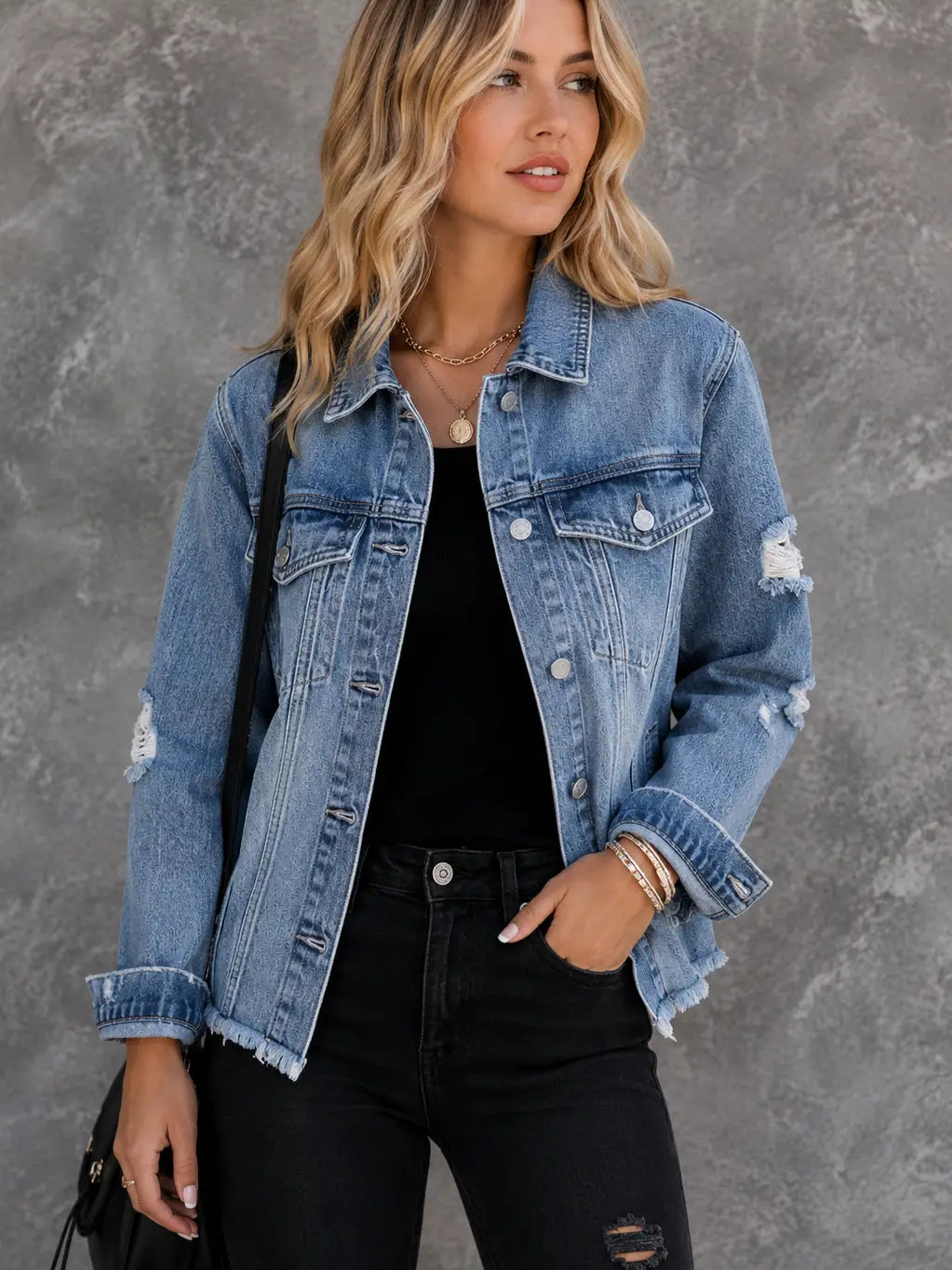     Washed Blue Raw Hem Denim Jacket