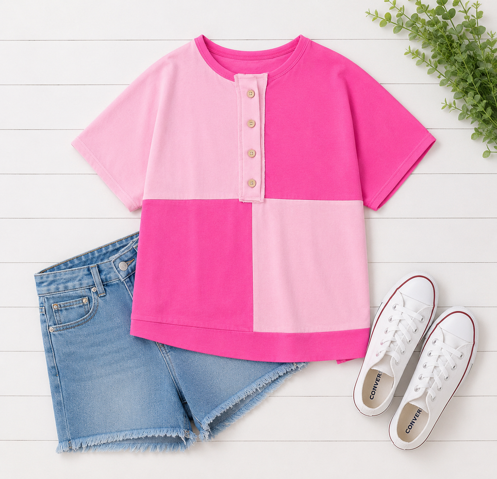 Tickled Pink Half Button Top- Curvy