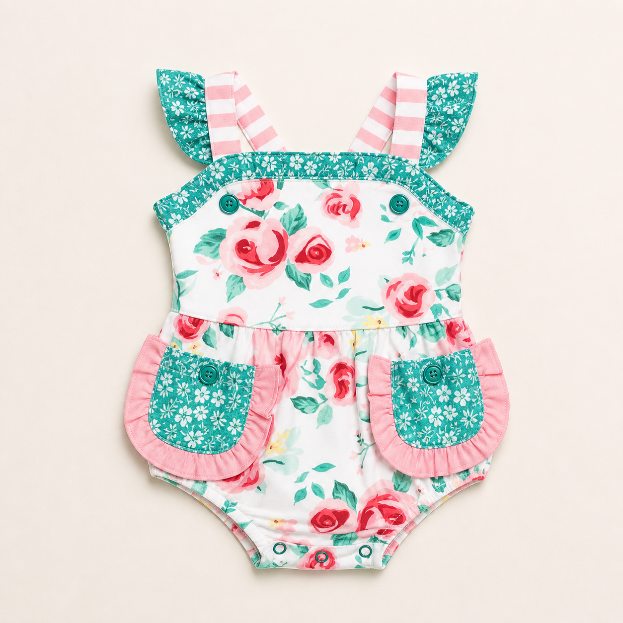 Pink & Teal Floral Ruffle Baby Romper