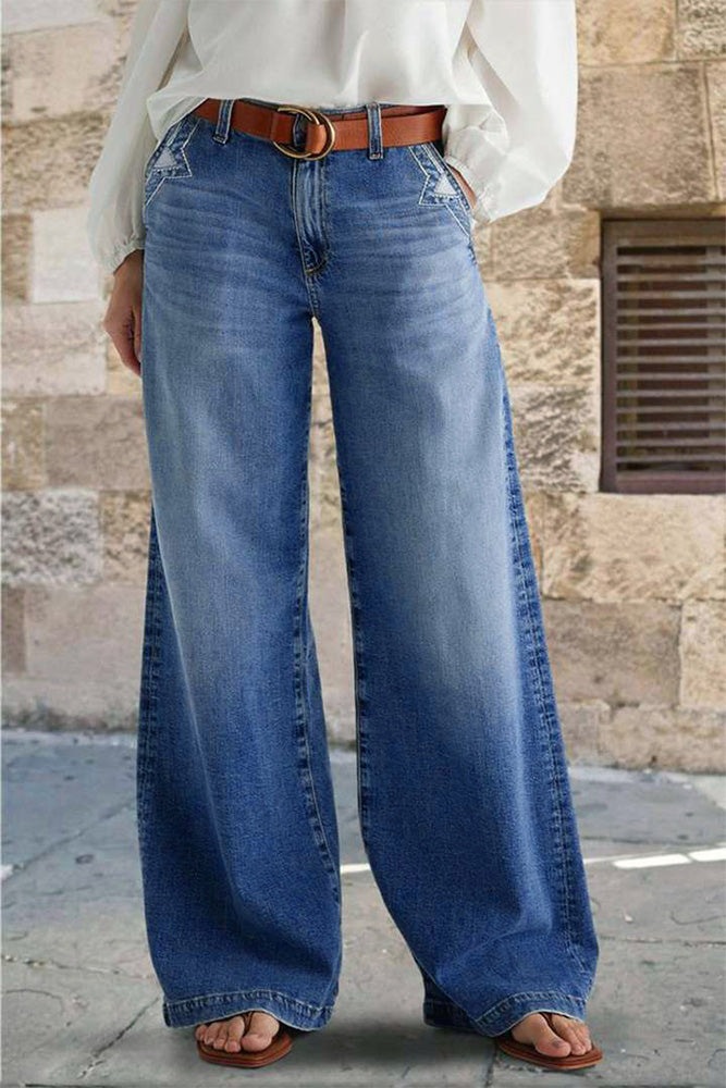 Vintage-Inspired Embroidered Wide Leg Denim
