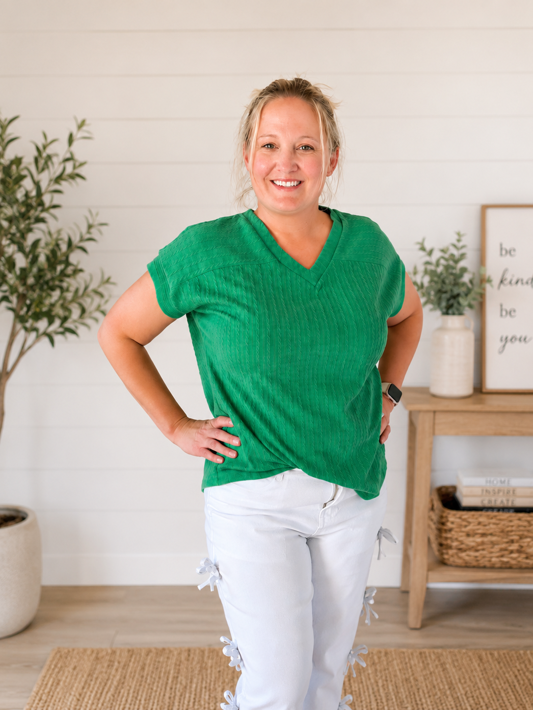 Green Textured V-Neck Top