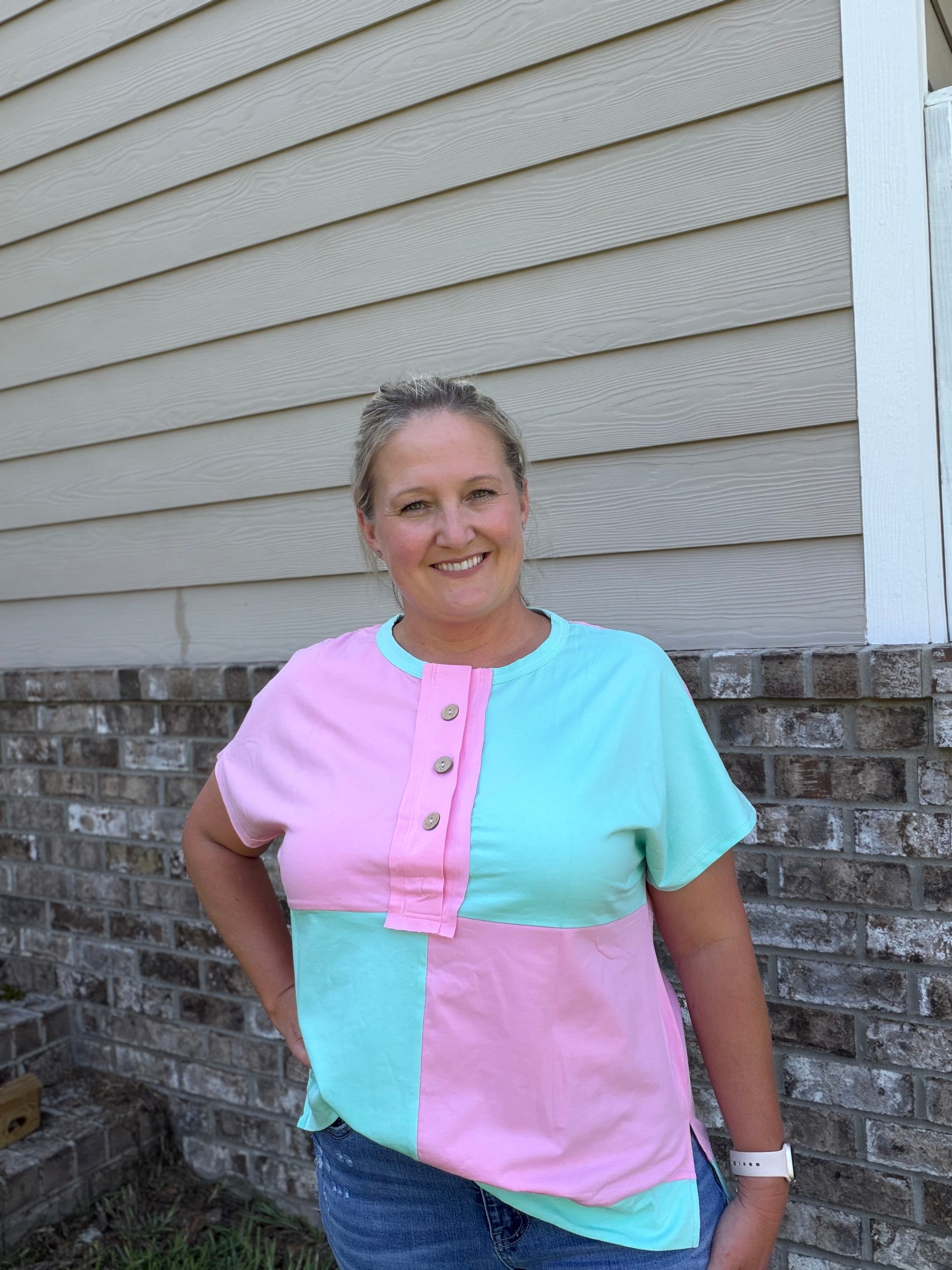 Mint & Half Button Top