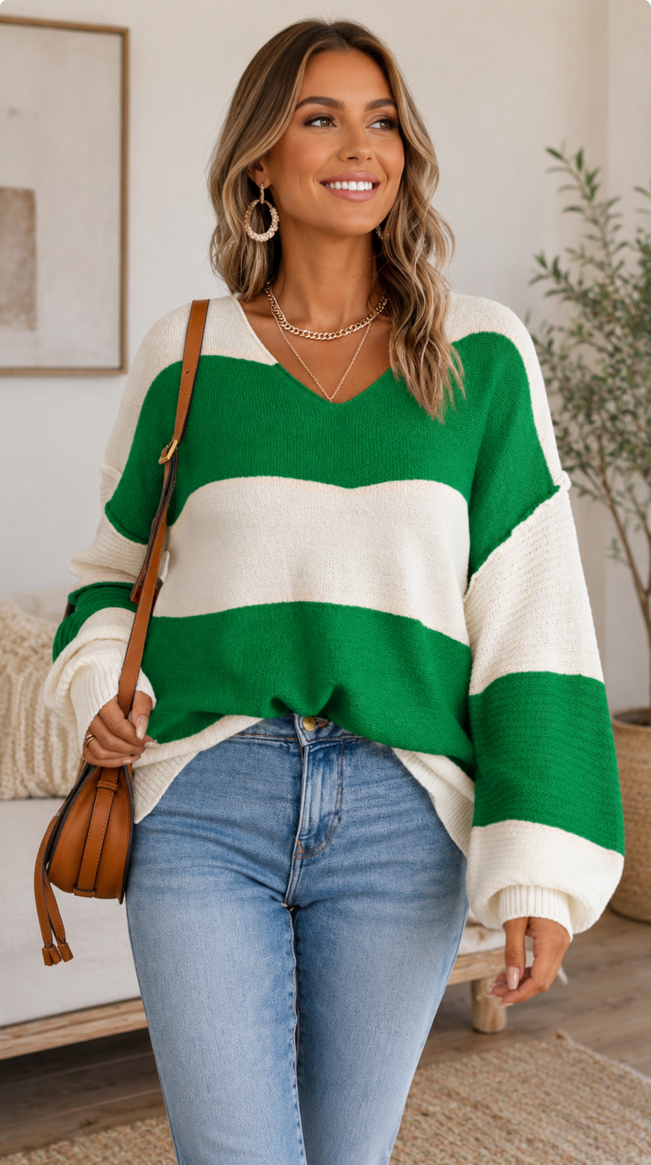 Color Block Stripe Bubble Sleeve Sweater