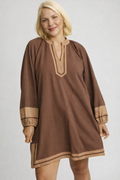 Brown Contrast Trim Curvy Tunic Dress (Umgee)