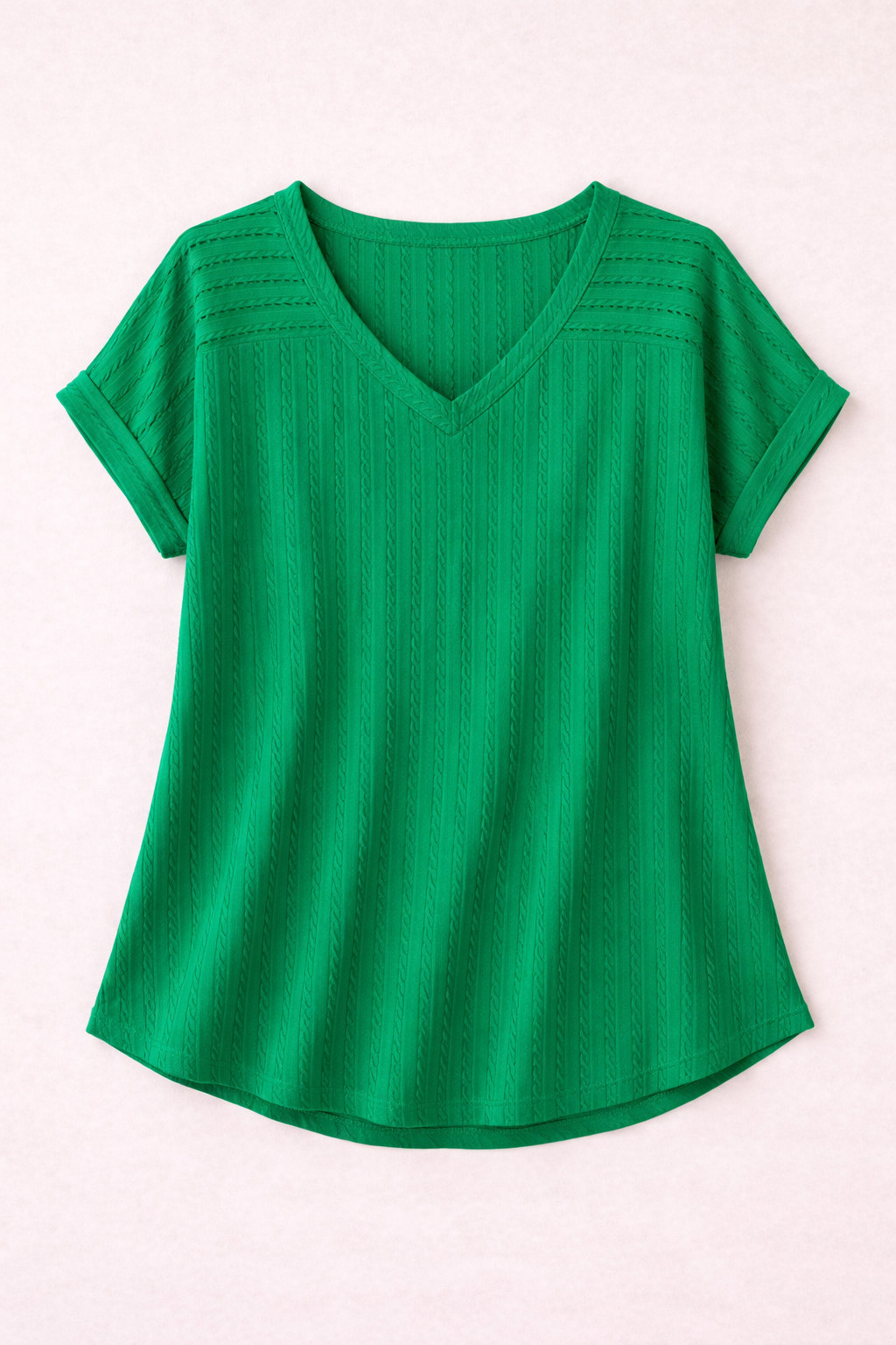 Green Textured V-Neck Top