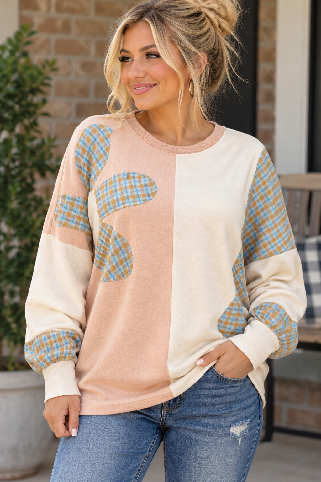 Curvy Color Block Oversized Pullover Top  ( Haptics)