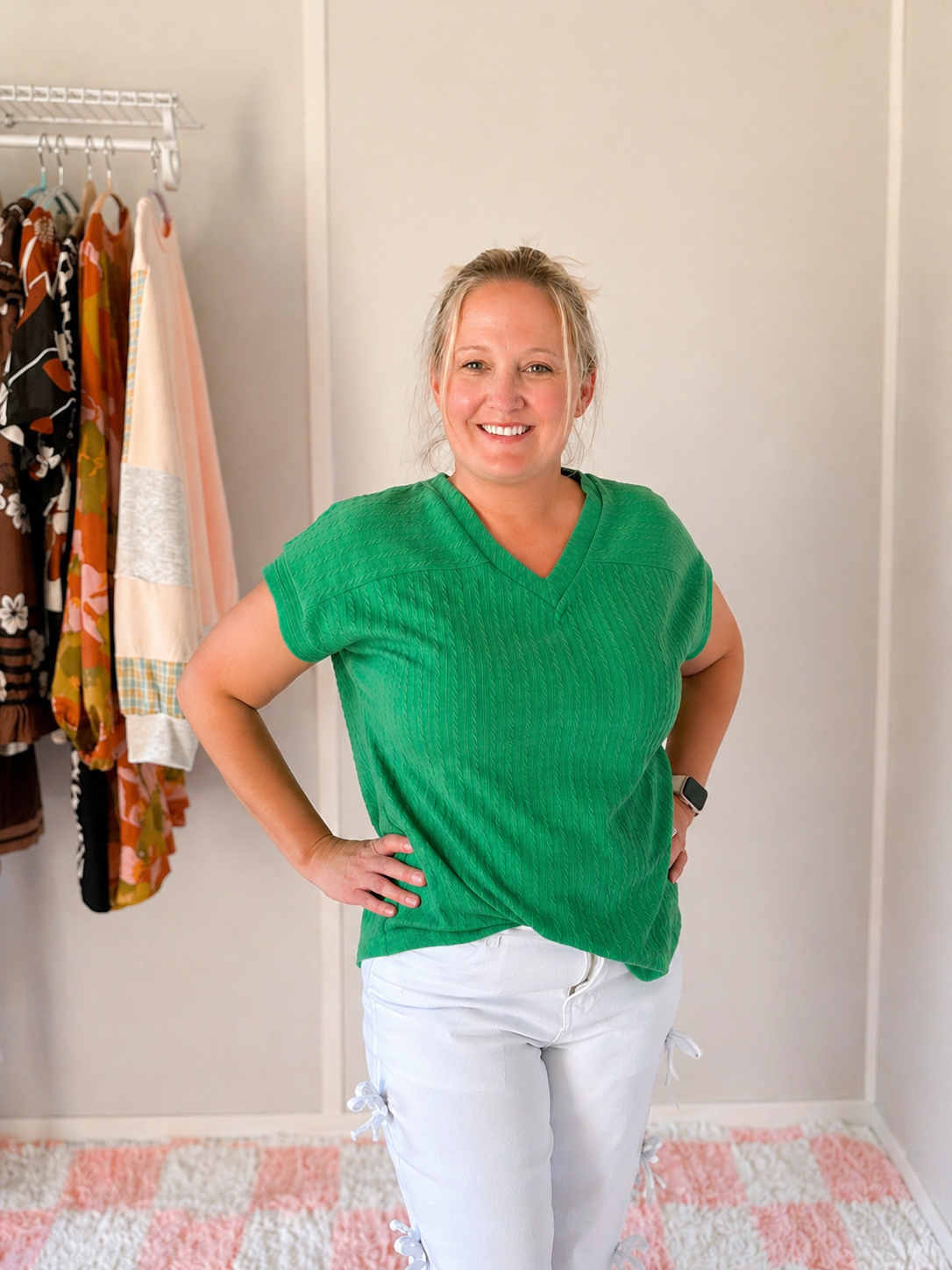 Green Textured V-Neck Top