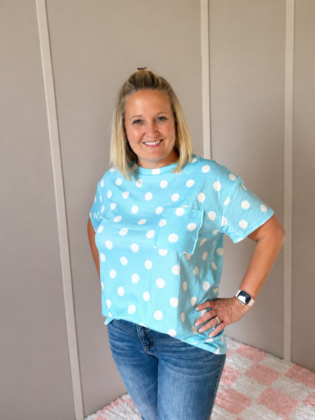 Sky Blue Polka Dot Pocket Top