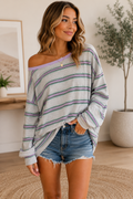 Lavender Stripe Off-the-Shoulder Oversized Long Sleeve Top