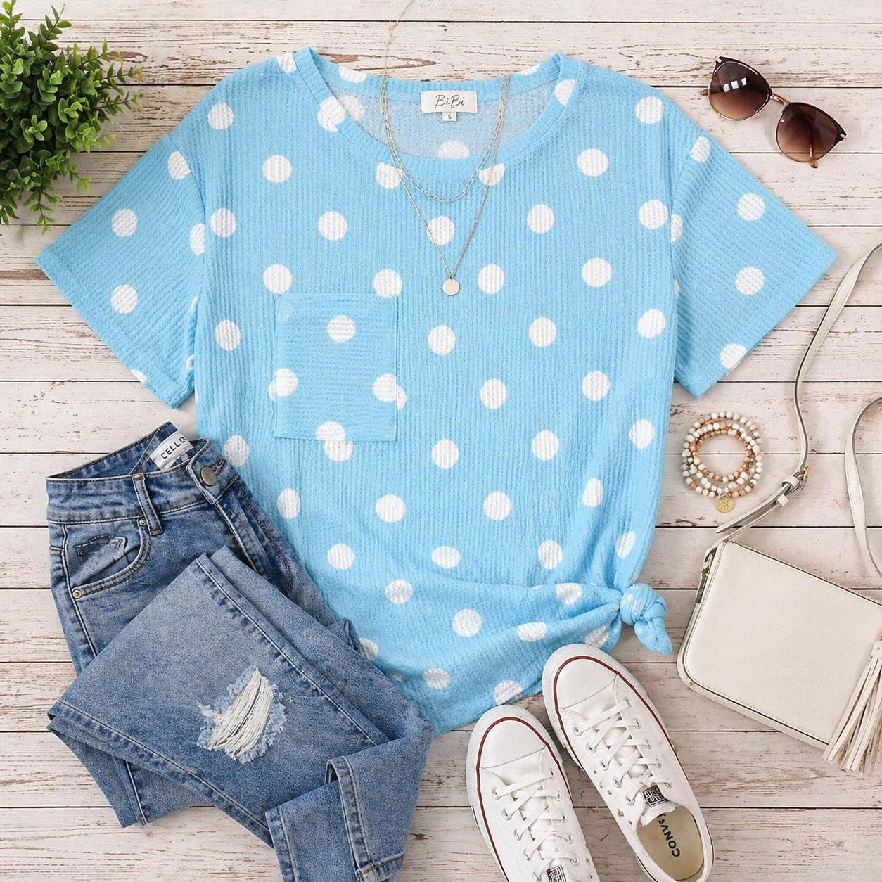 Sky Blue Polka Dot Pocket Top