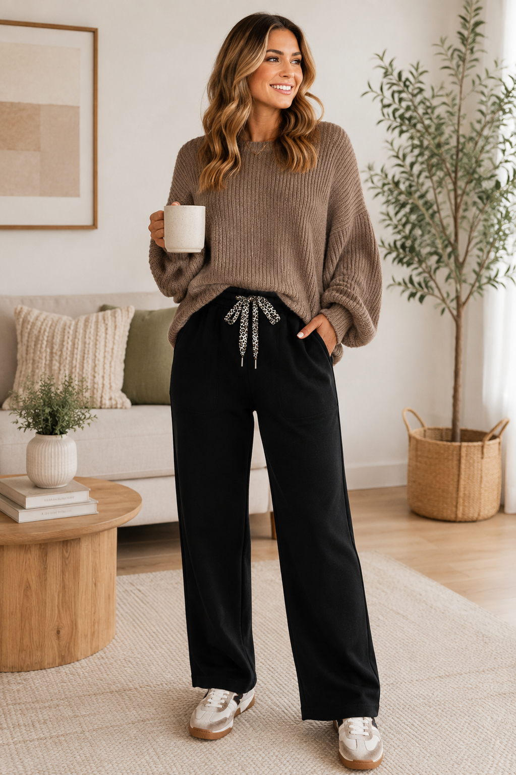 Leopard Tie Fleece-Lined Wide Leg Pants