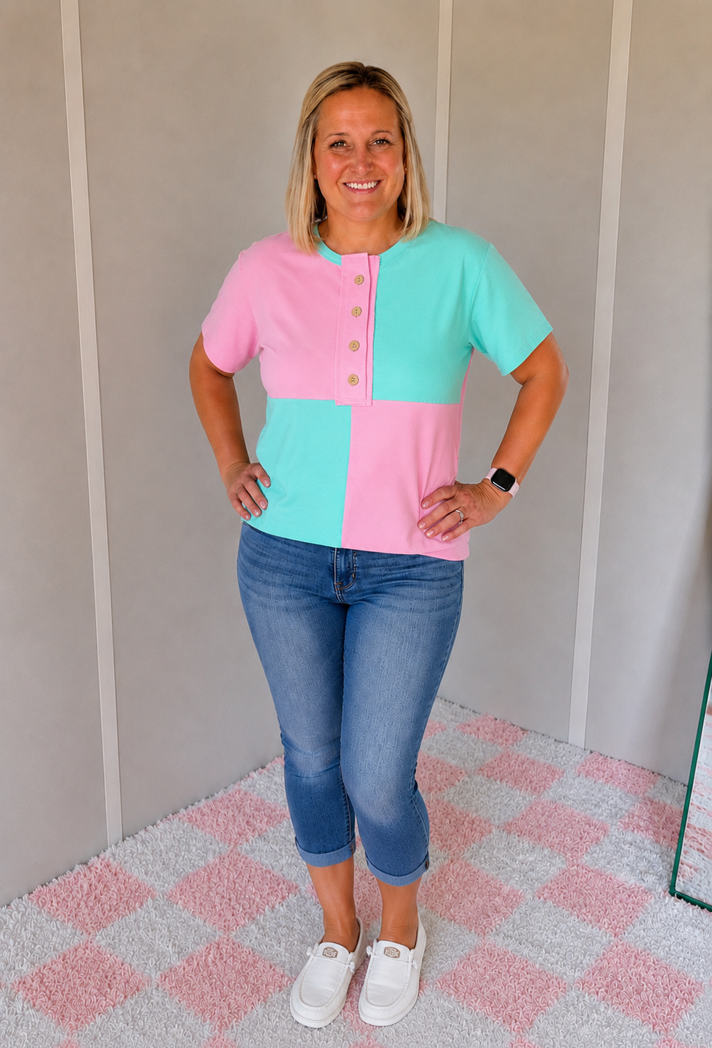 Mint & Pink Half Button Top