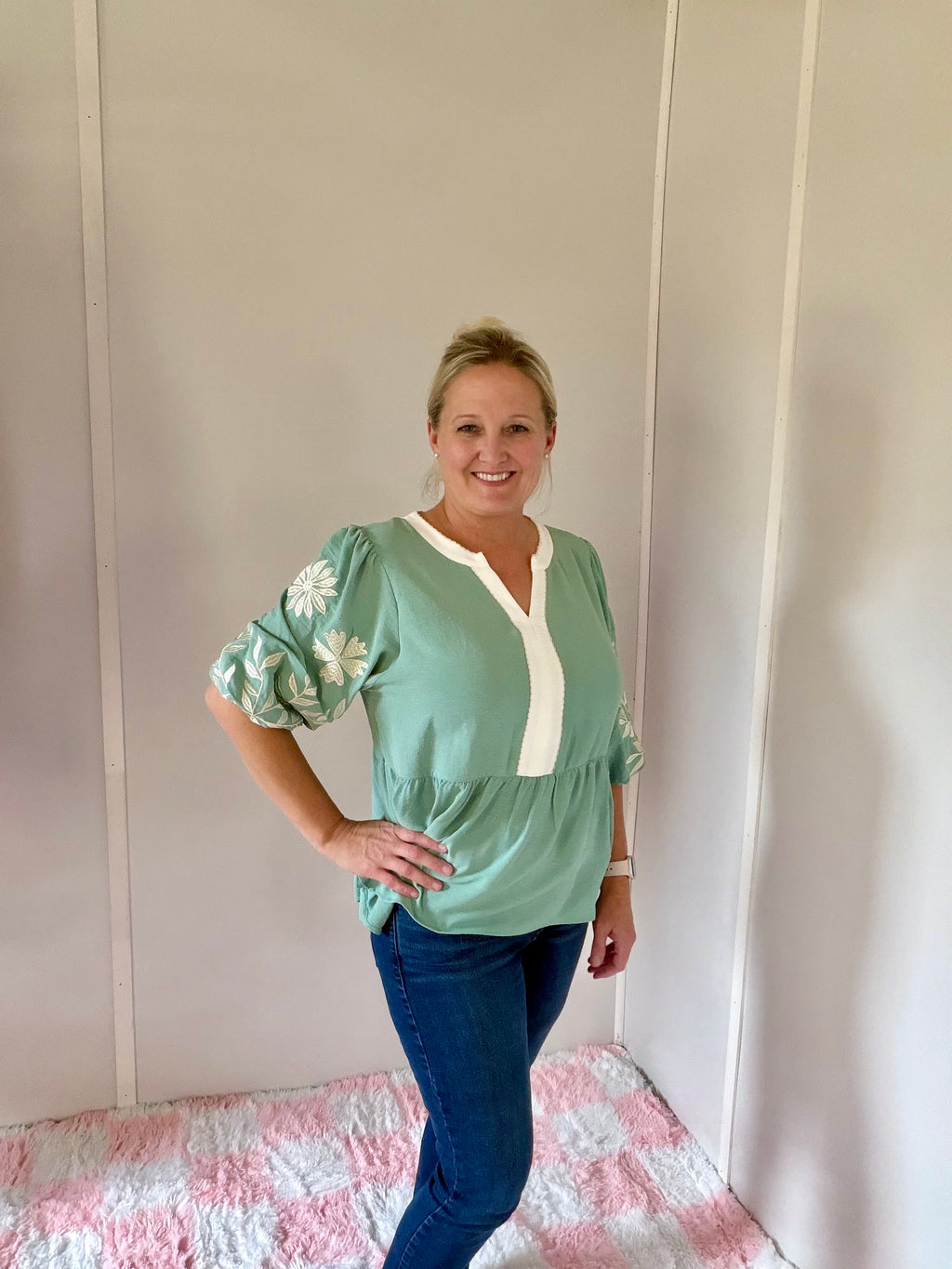 Sweet Sage Embroidered Babydoll Top