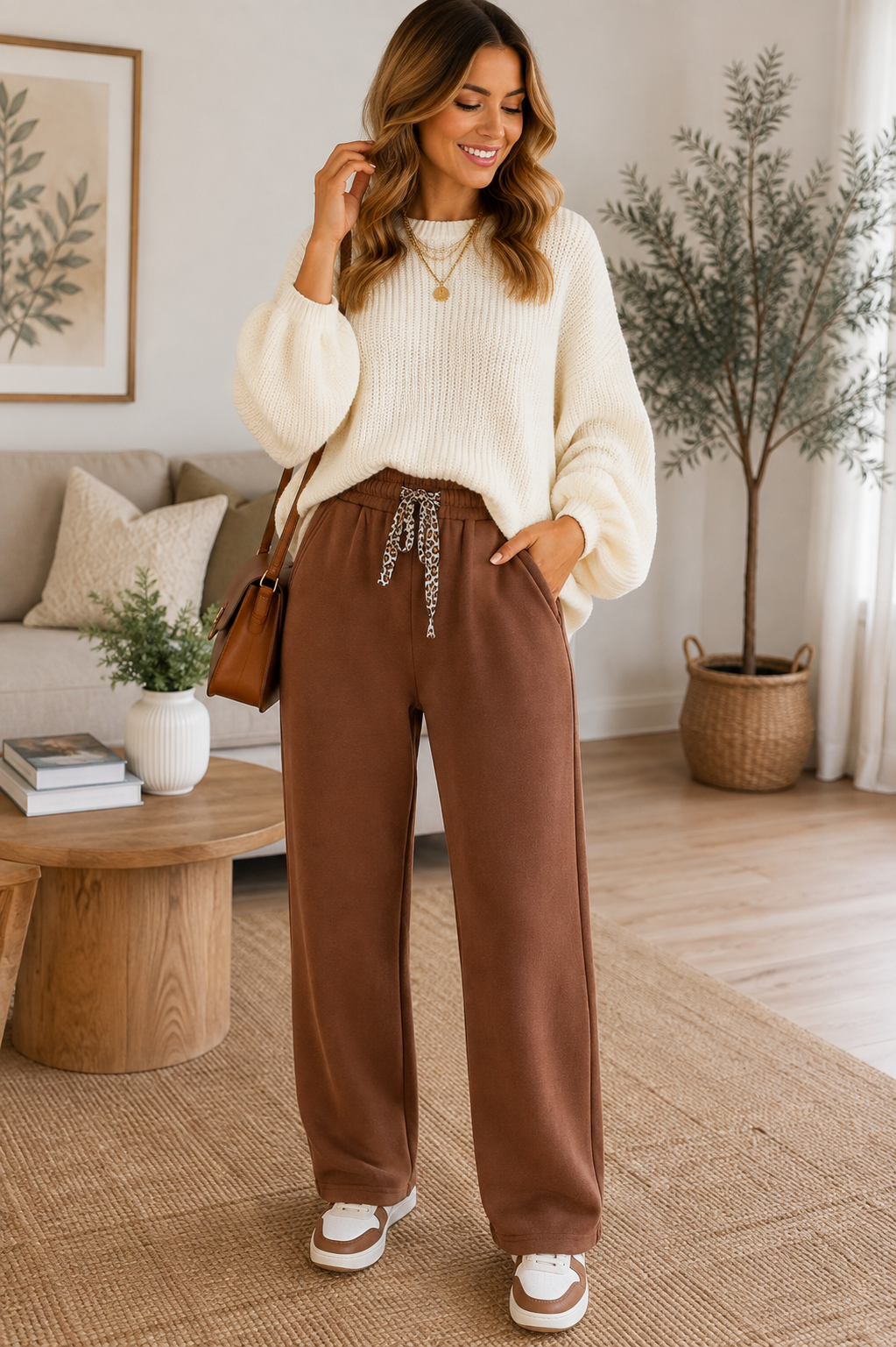 Leopard Tie Fleece-Lined Wide Leg Pants
