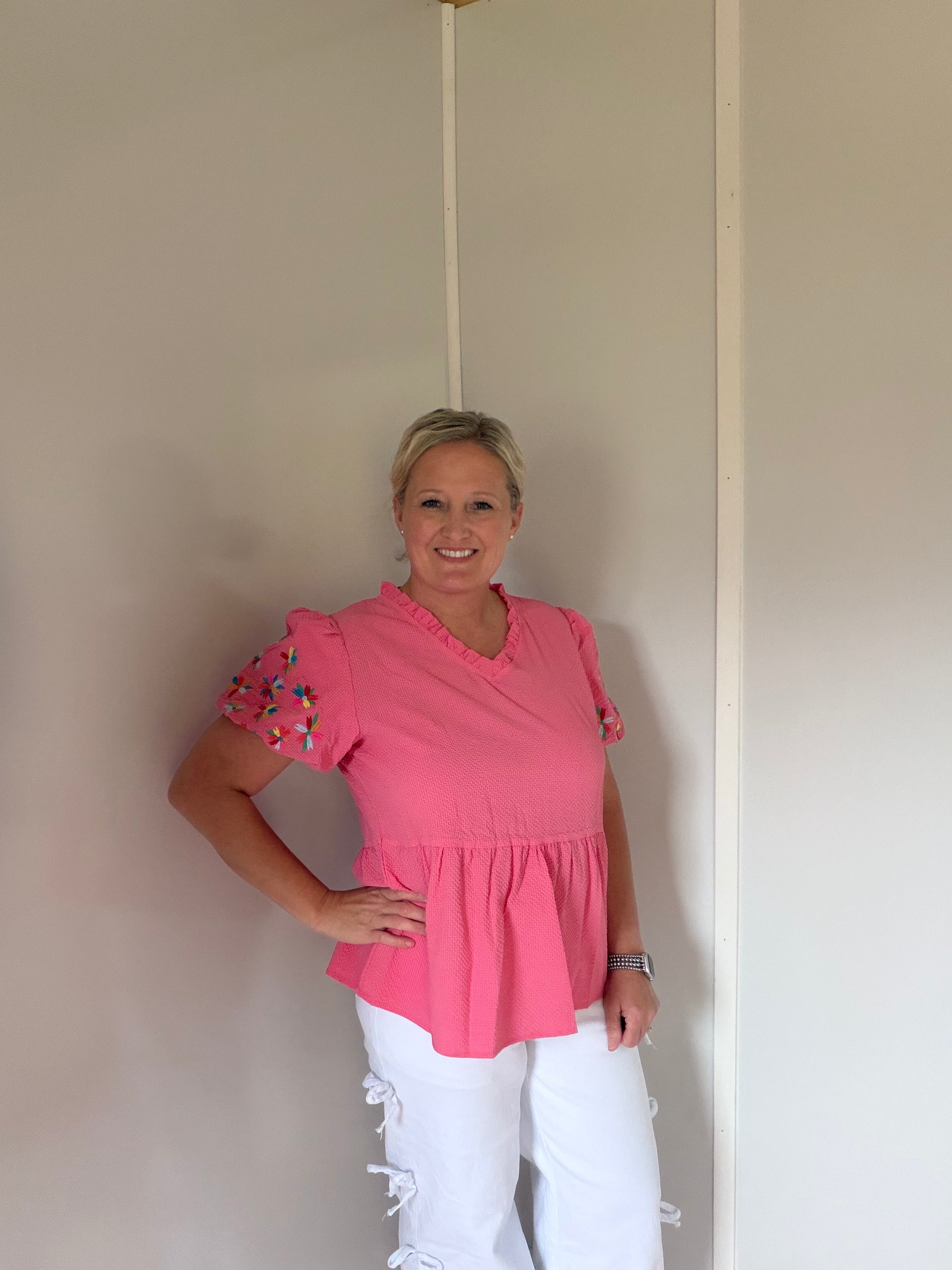 Pink Embroidered Puff Sleeve Top