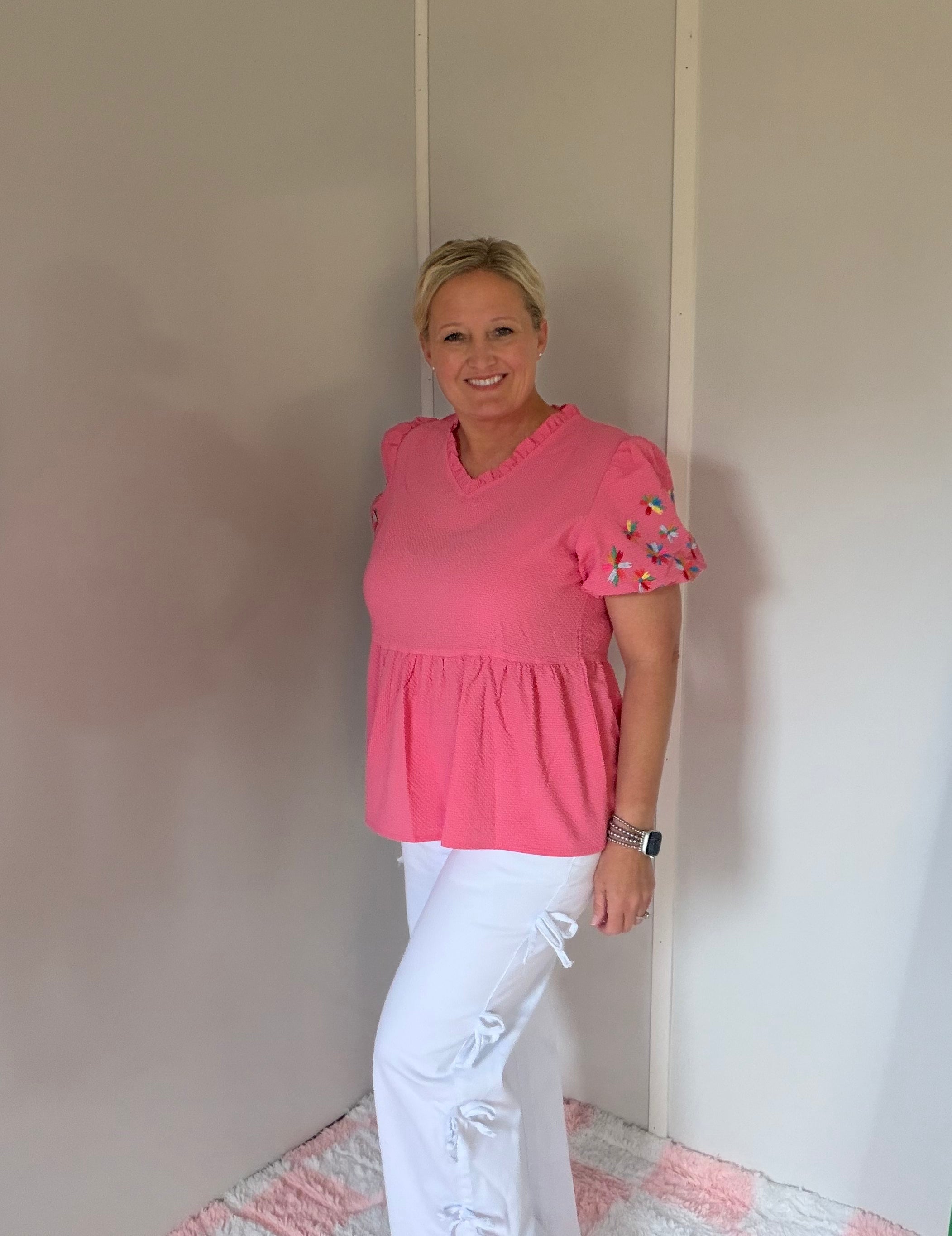 Pink Embroidered Puff Sleeve Top