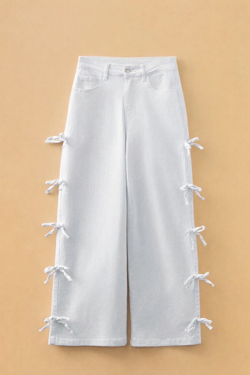 Bow Detail High-Waist White Jeans