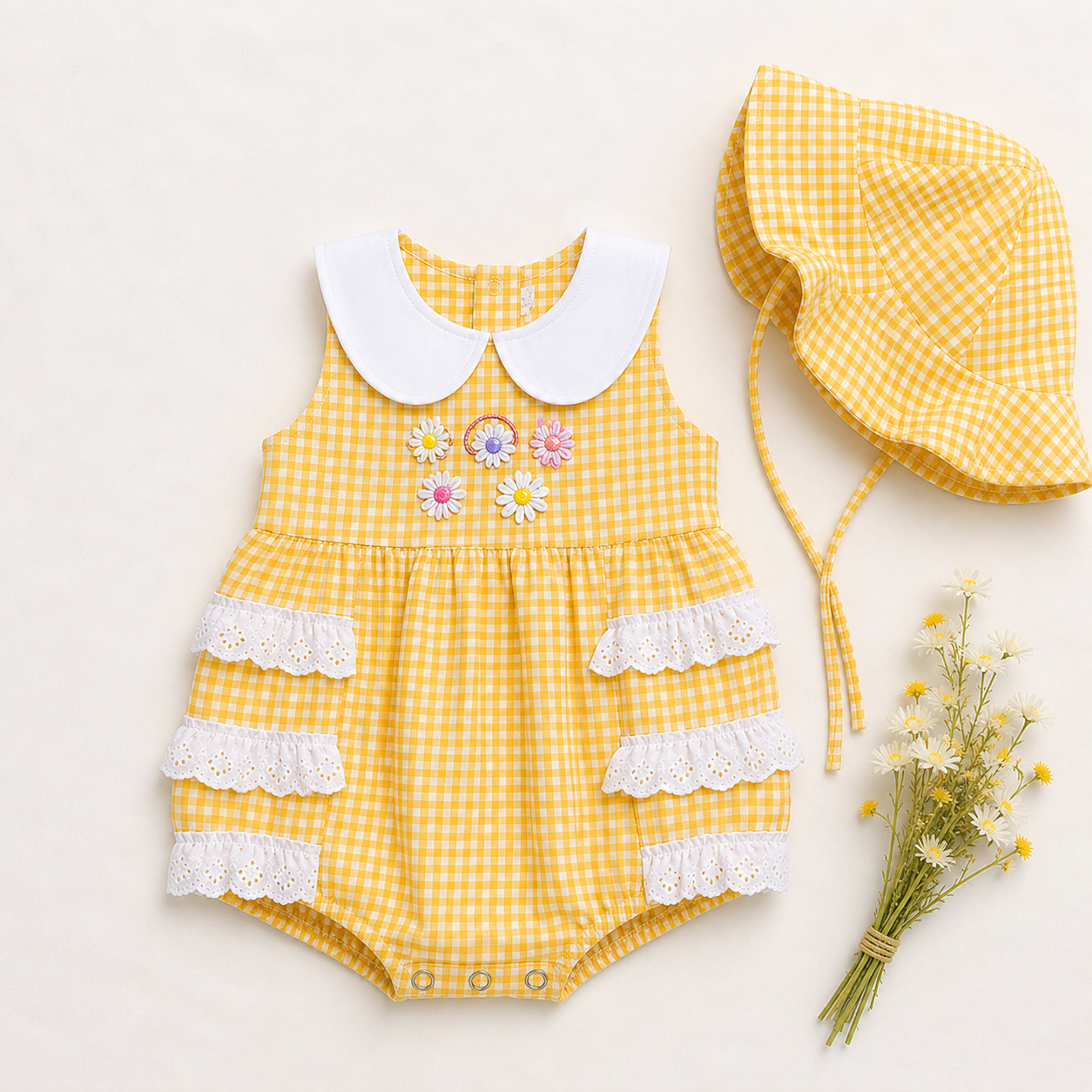 Sweet Mustard Bloom Romper + Hat