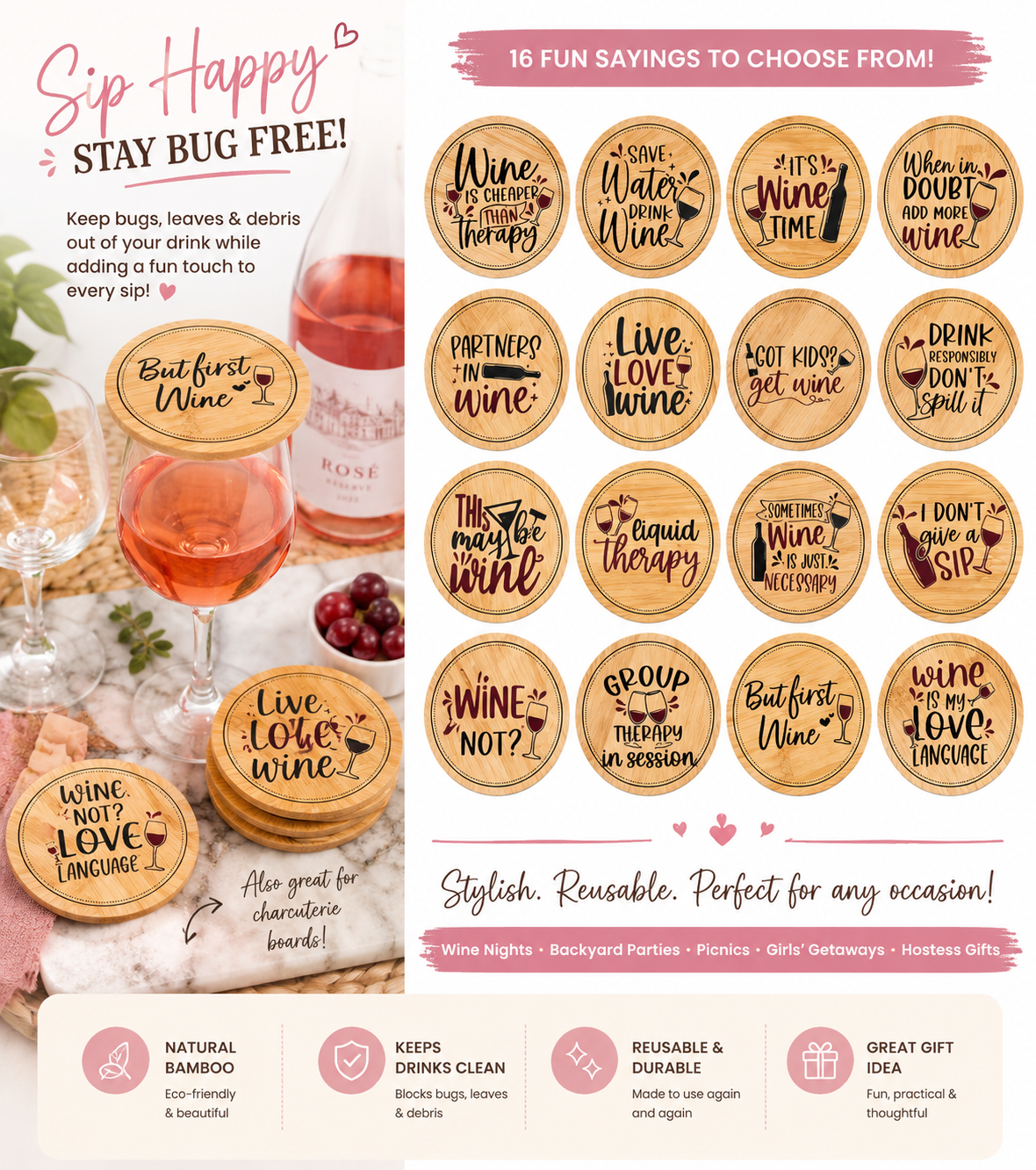 Wooden Drink Covers – Great for Wine Lovers & Outdoor Entertaining