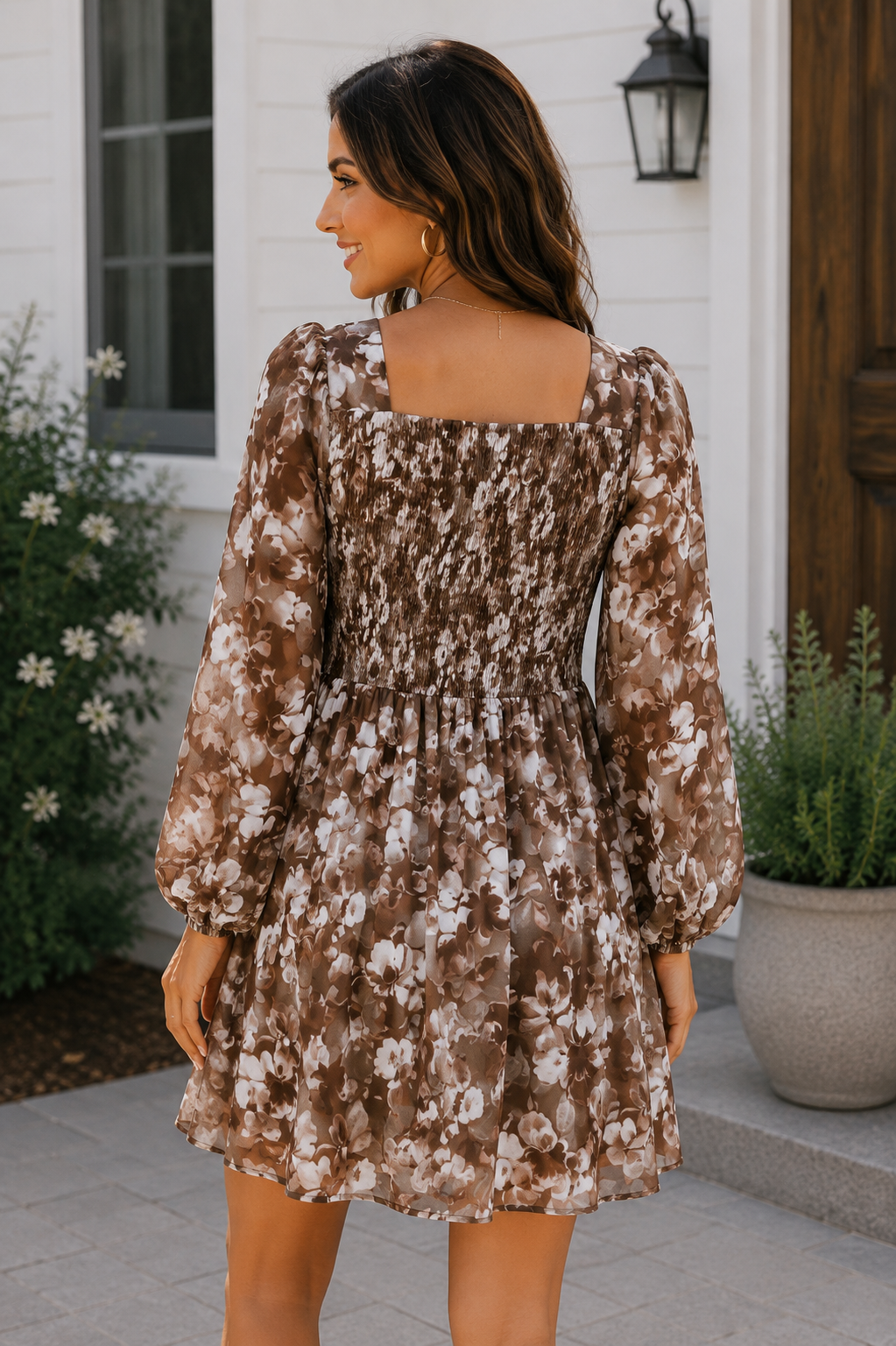Brown Floral Square Neck Mini Dress