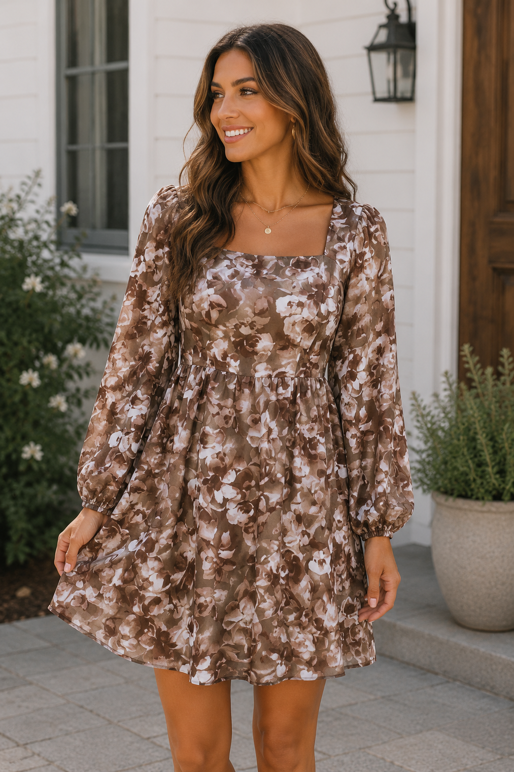 Brown Floral Square Neck Mini Dress