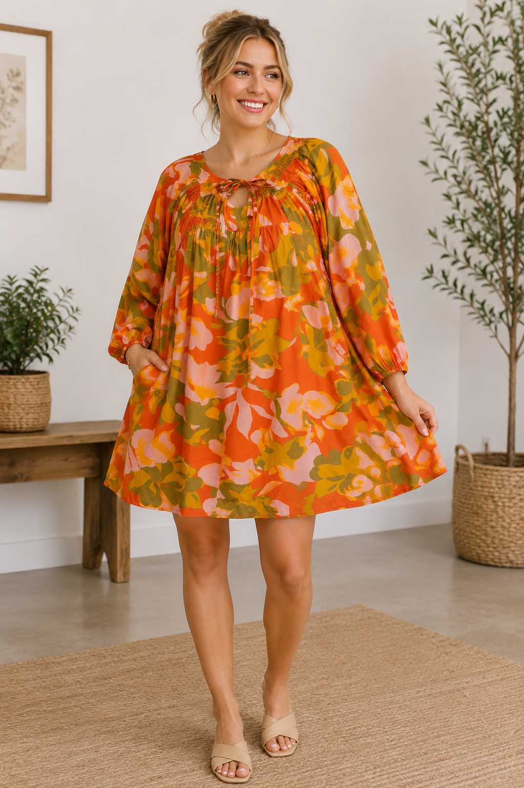 Bold Floral Bubble Sleeve Tunic Dress – Curvy