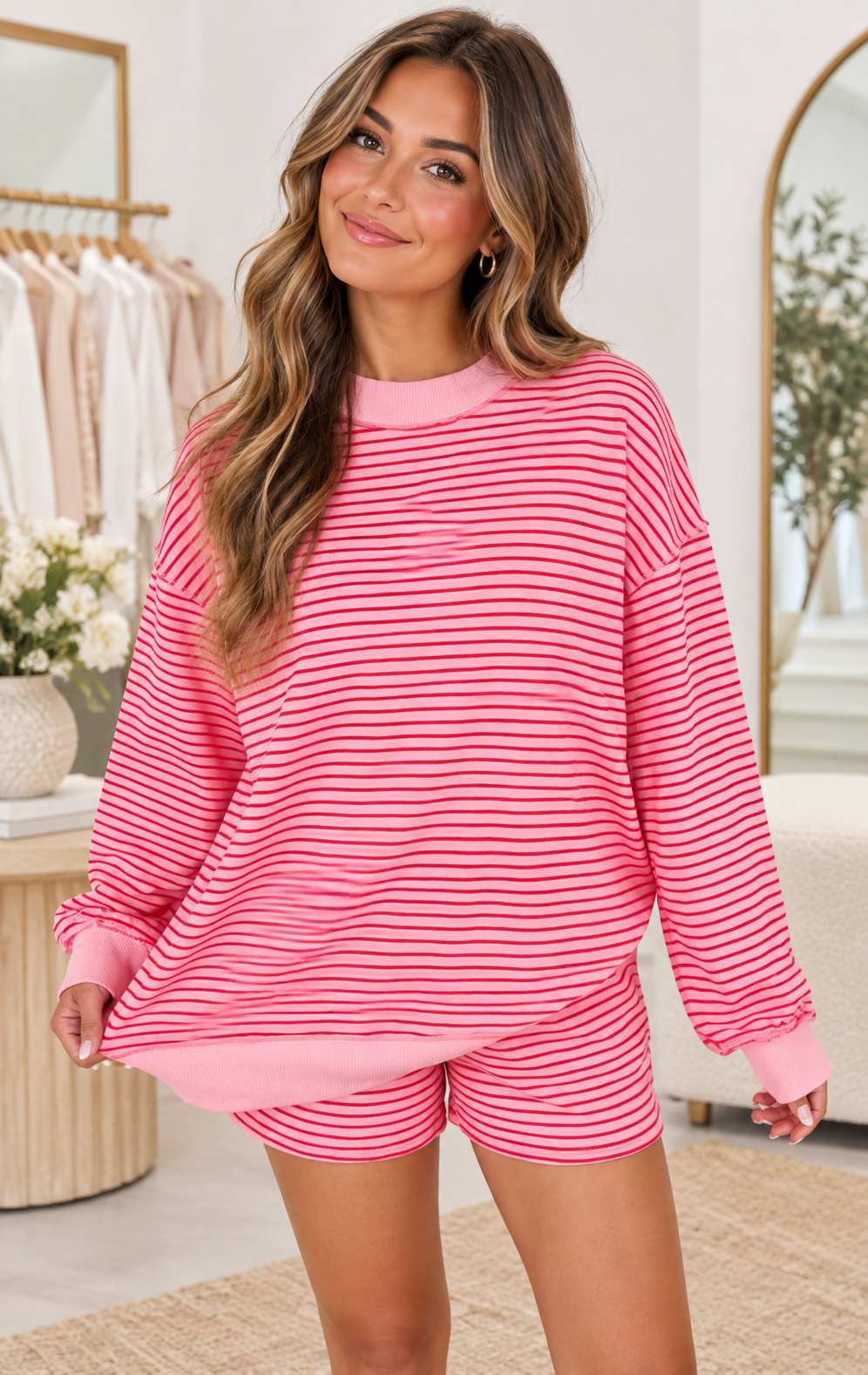 Pink Stripe Pullover Shorts Set