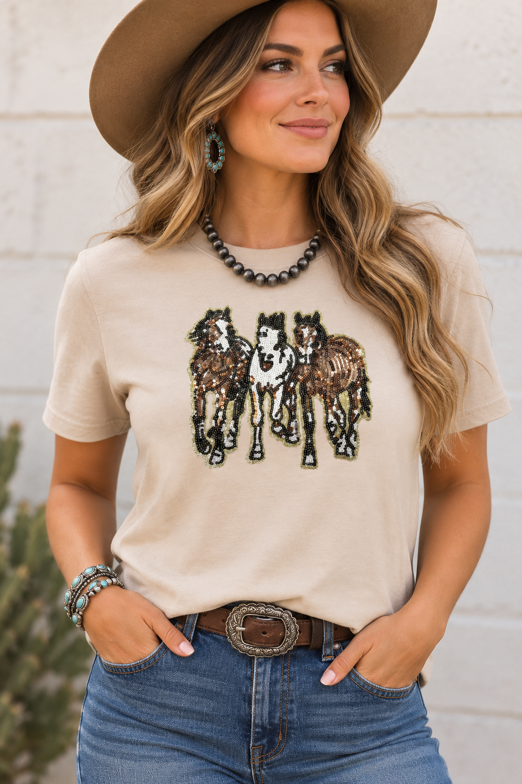 Khaki Sequin Horse Graphic Tee