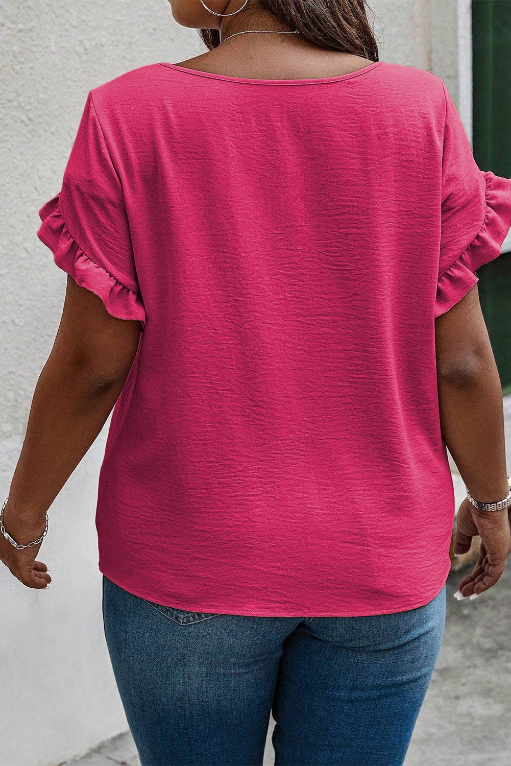 Bright Pink Ruffle Sleeve Top (Curvy)
