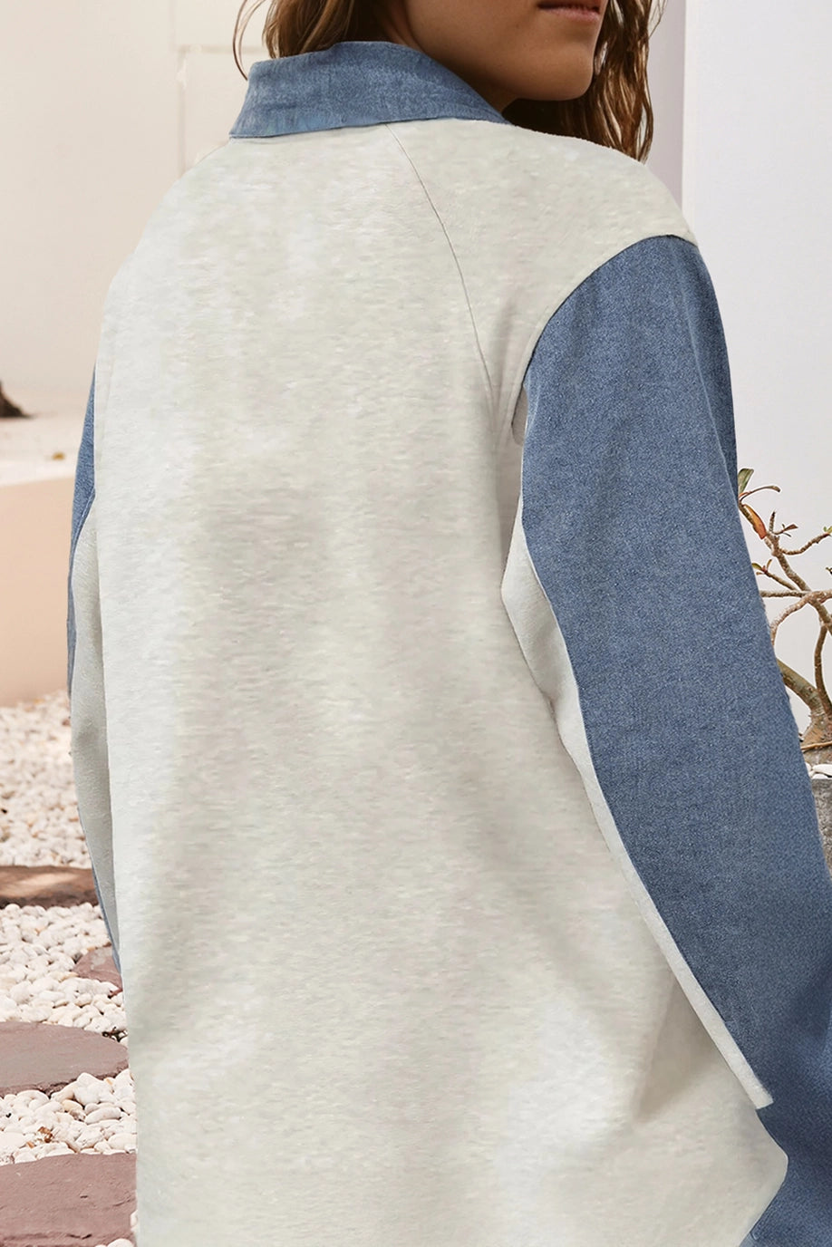 Patchwork Denim Long Sleeve Polo Top