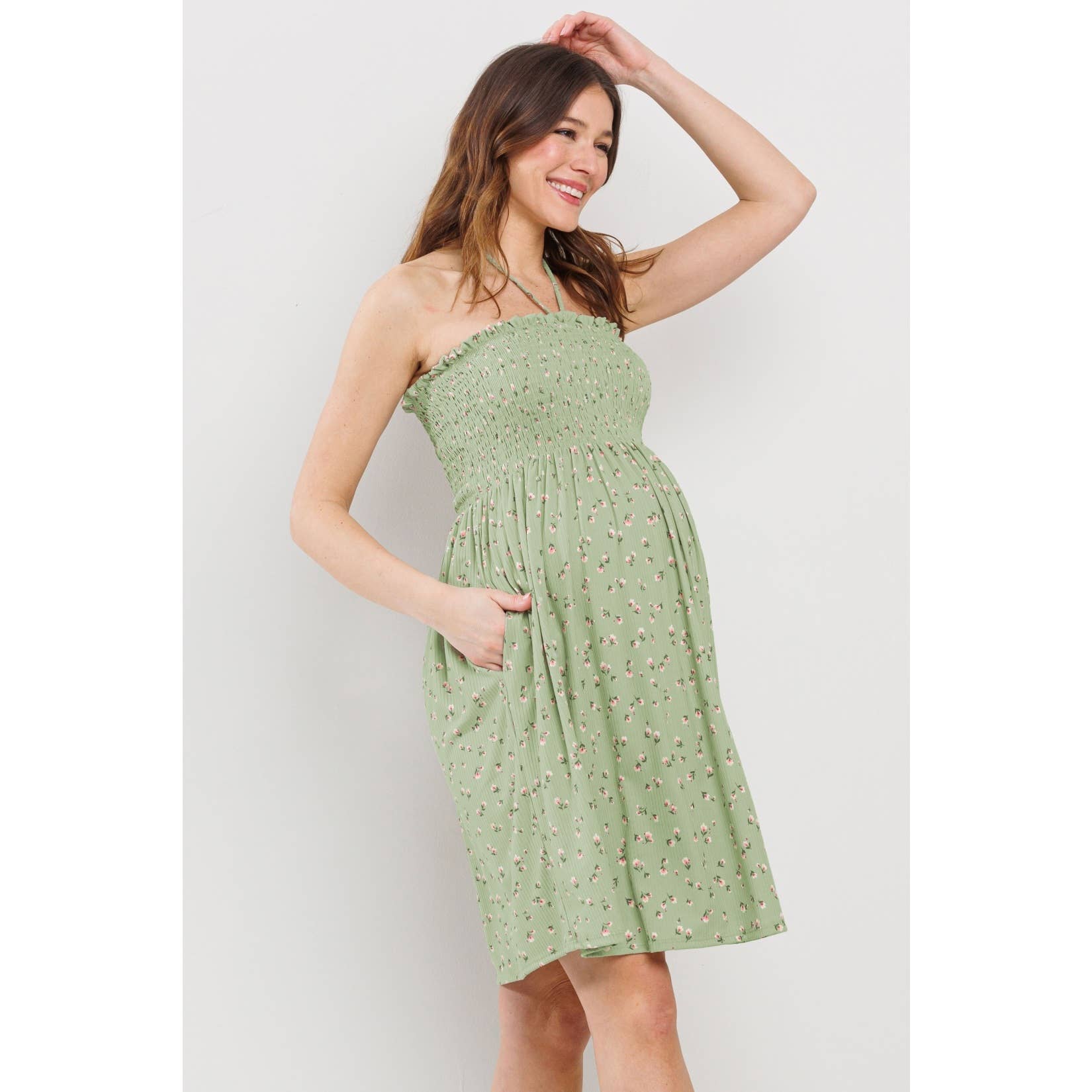 Sage Ditsy Floral Smocked Halter Maternity Dress